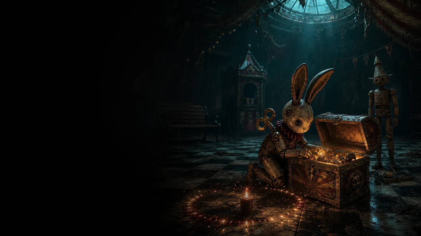 A wind-up Bunny searching an illuminated prize chest beside a small Firework ring and Trap Mannequin