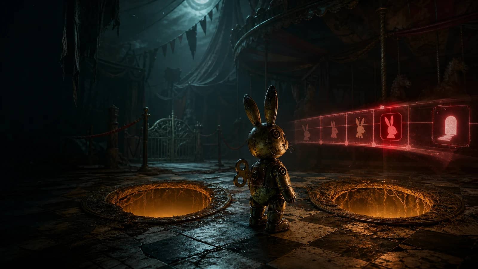 A wind-up mechanical Bunny between two glowing Rabbit Holes while a red replay timeline projects kill and escape markers