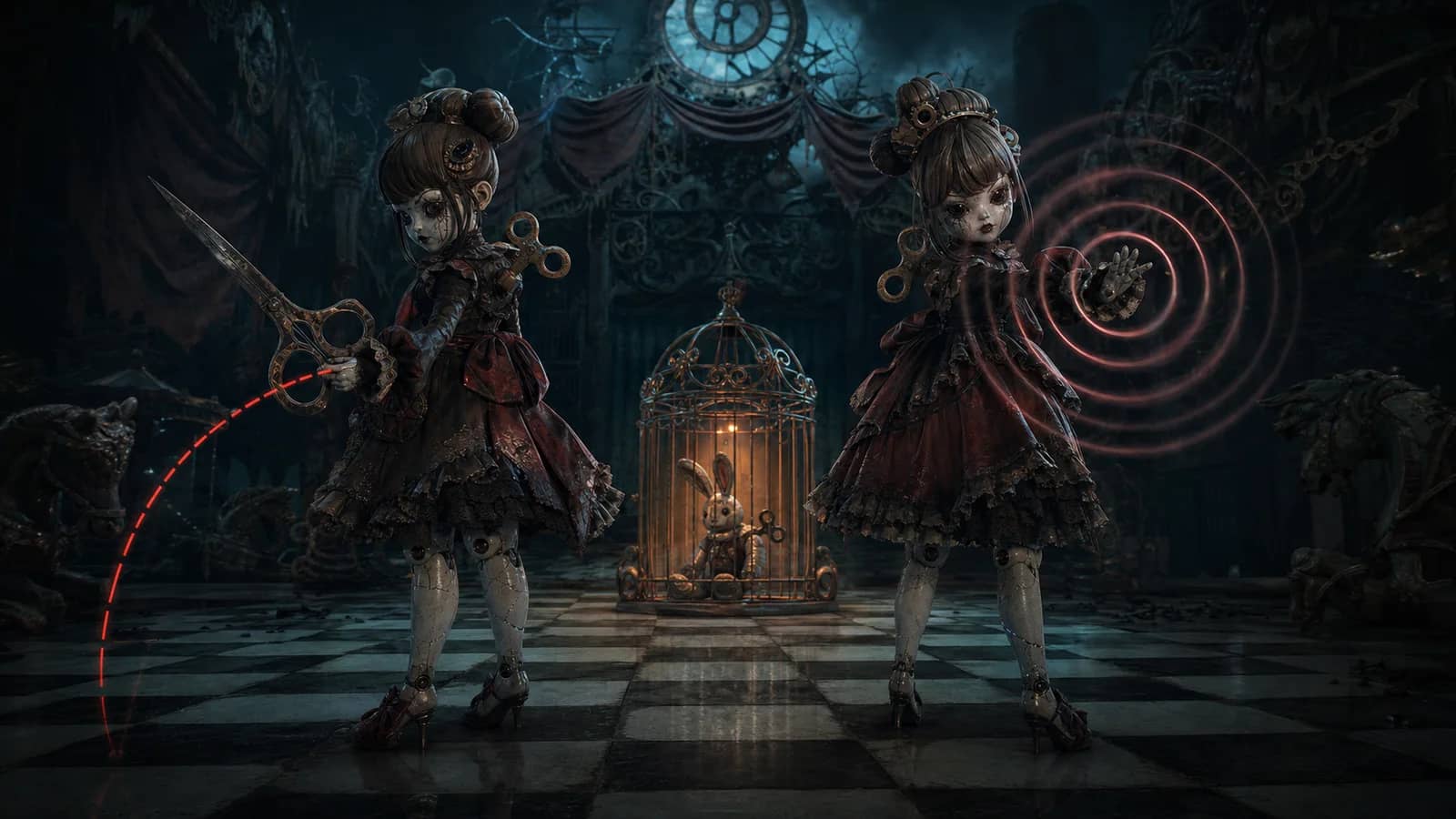 Two mechanical porcelain Sisters on a dark Chess Court, one holding Scissors and the other projecting visible sound waves, with a caged wind-up Bunny behind them