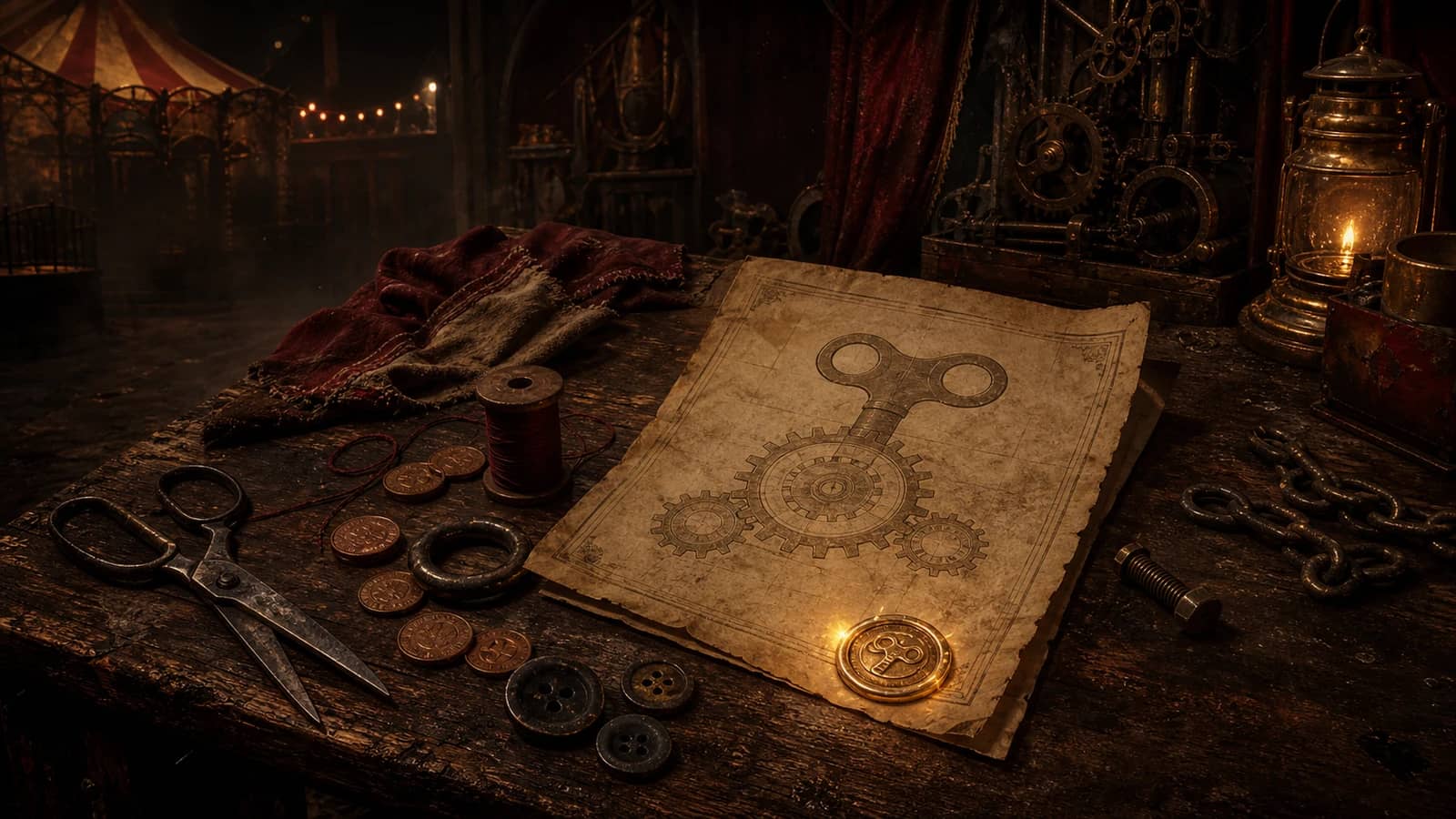 A weathered carnival crafting table with a gear blueprint, scissors, coins, rings, buttons, thread, and chain
