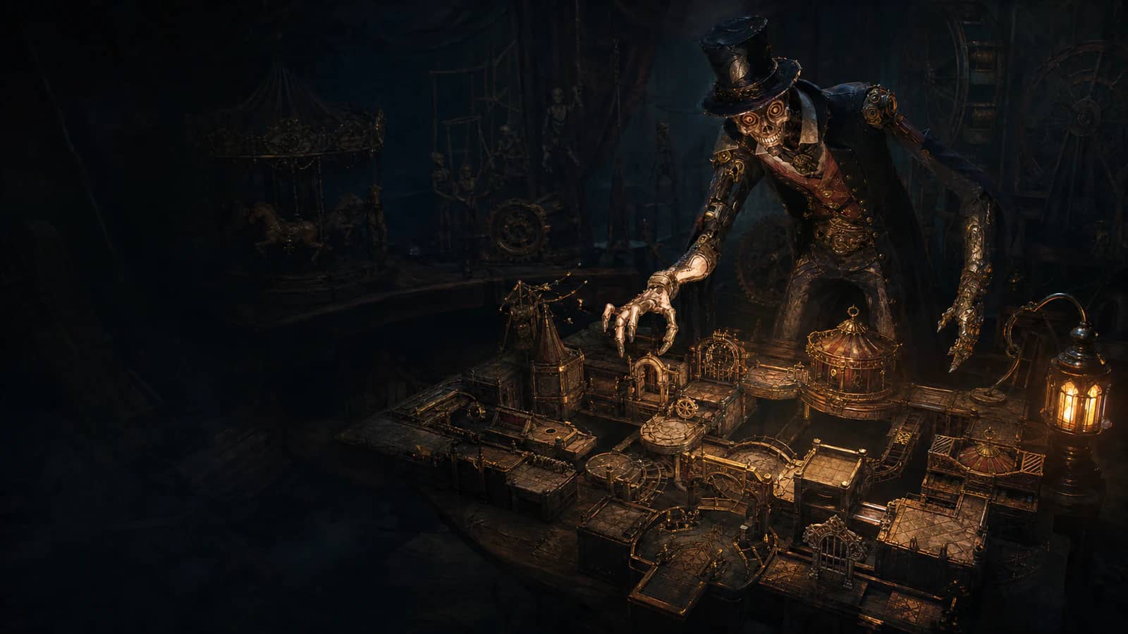 The Magician studying a mechanical model of interconnected carnival rooms