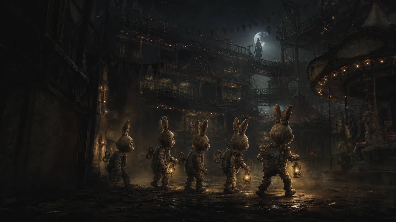 Five wind-up Bunnies entering a moonlit multi-level carnival watched by a Hunter