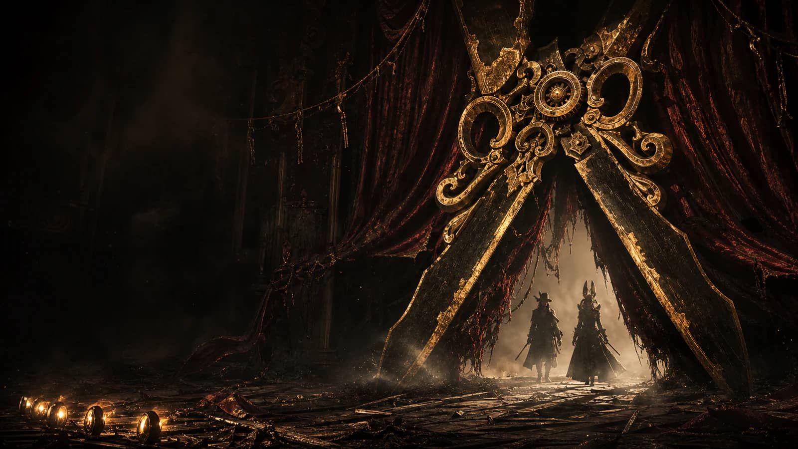Two figures entering a ruined carnival theater beneath monumental shears