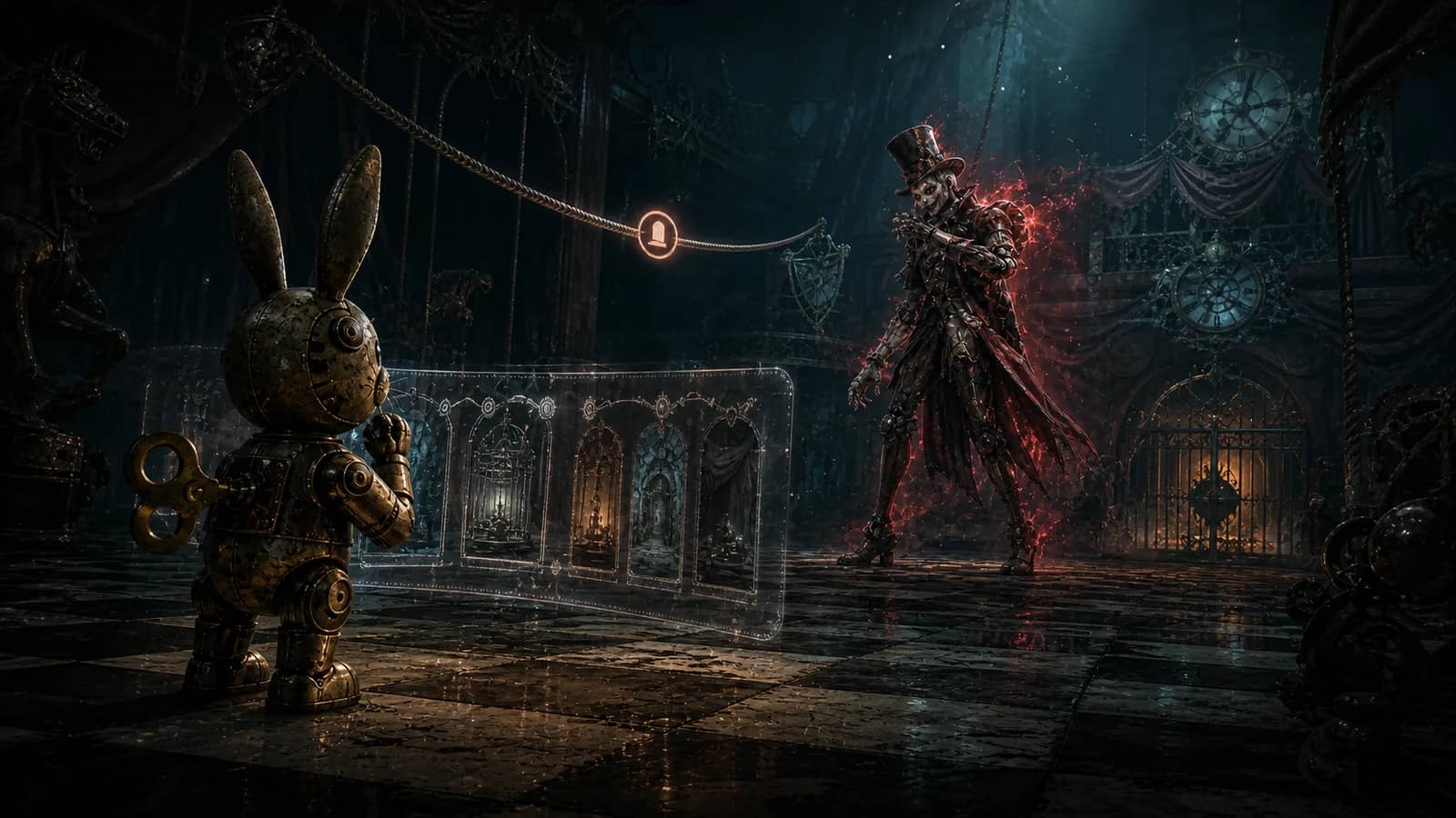 A wind-up Bunny facing the Magician in a dark carnival hall while a highlighted Rope route crosses the room
