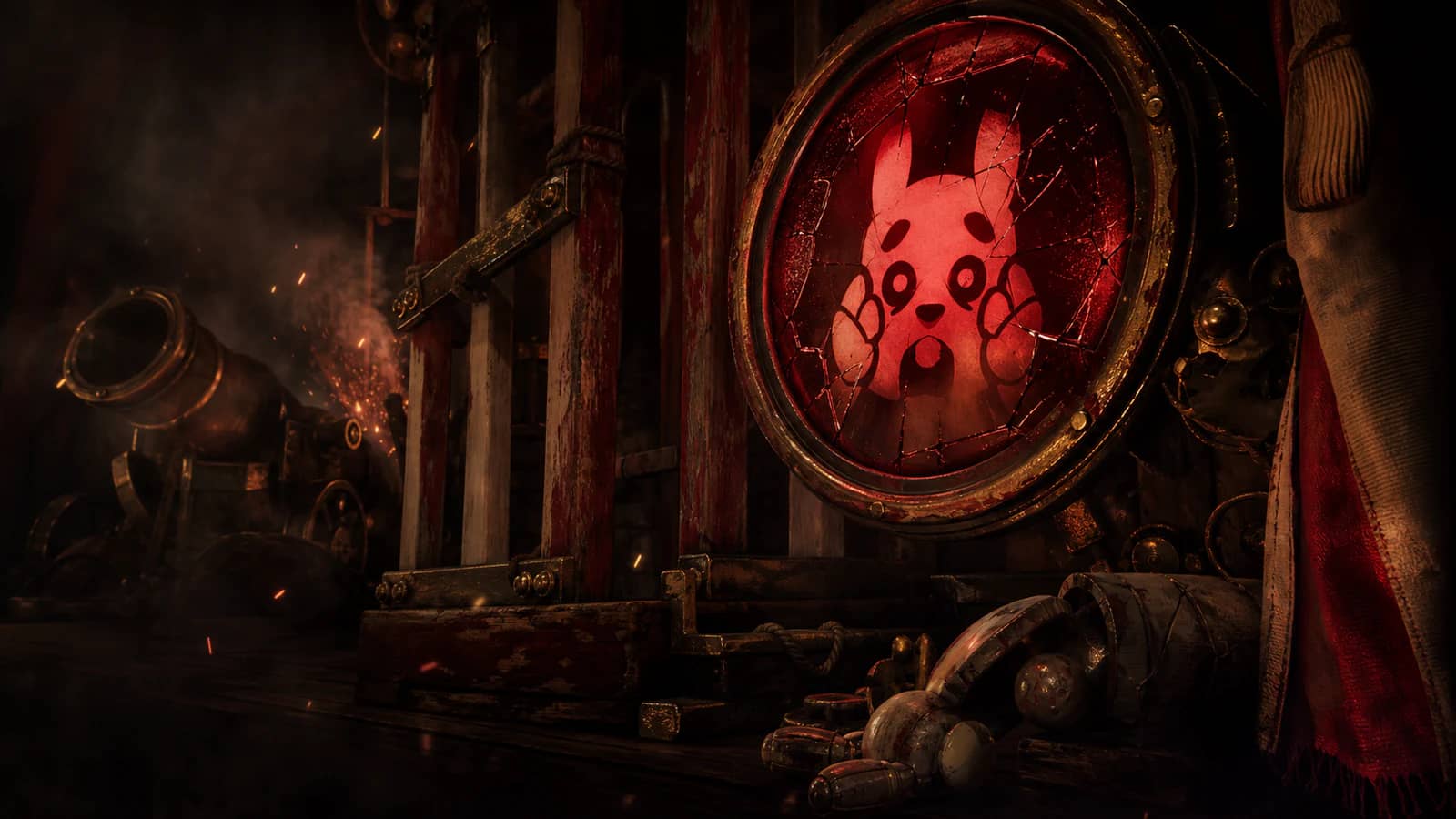 A cracked red Bunny signal beside repaired carnival cage bars and a cannon