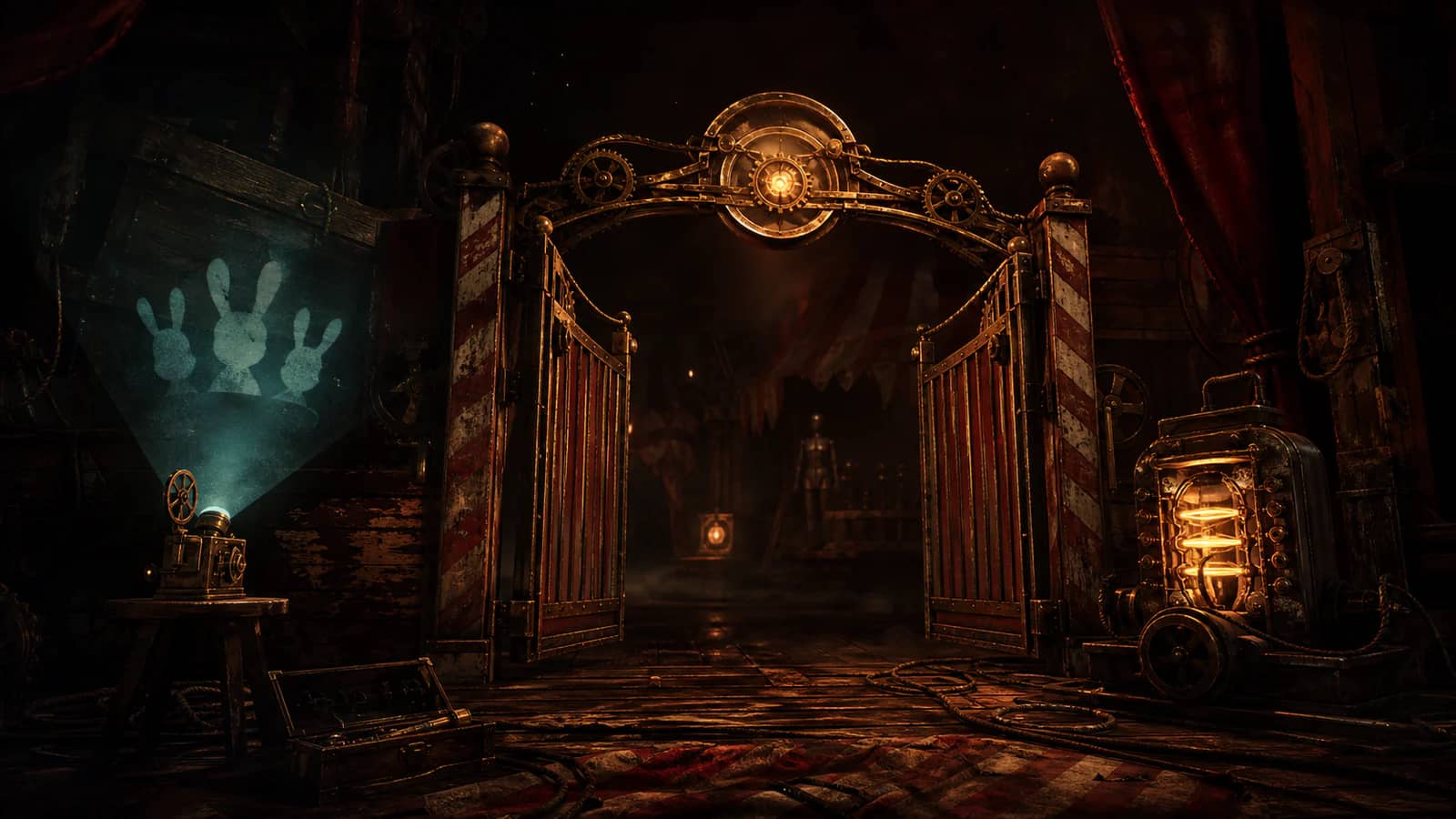 A repaired Small Gate standing open beside an amber charger, a Bunny tutorial projector, and a distant Mannequin