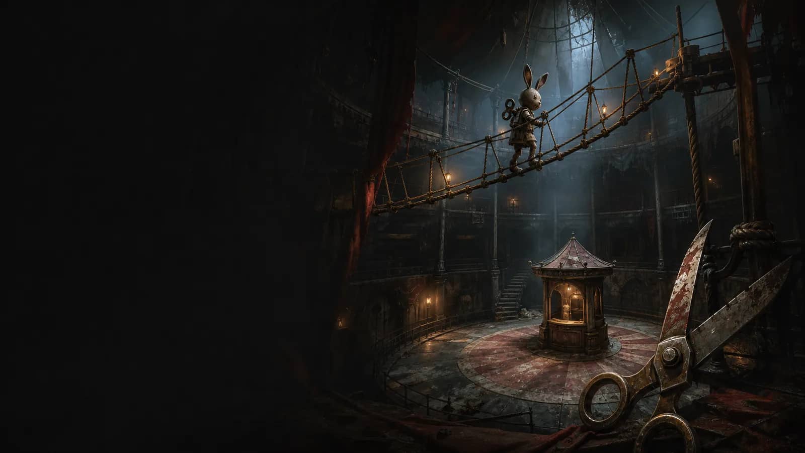 A wind-up Bunny crossing a rope route above a dark circus Ring, with scissors in the foreground