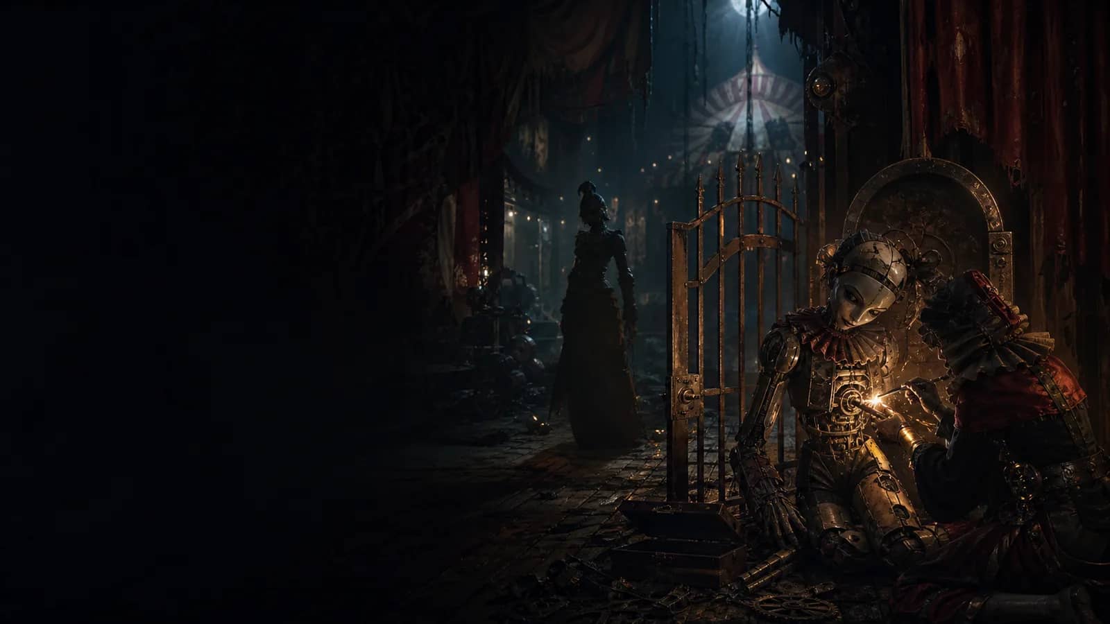 A Sister repairing a mechanical Mannequin beside a Small Gate in a dark circus corridor