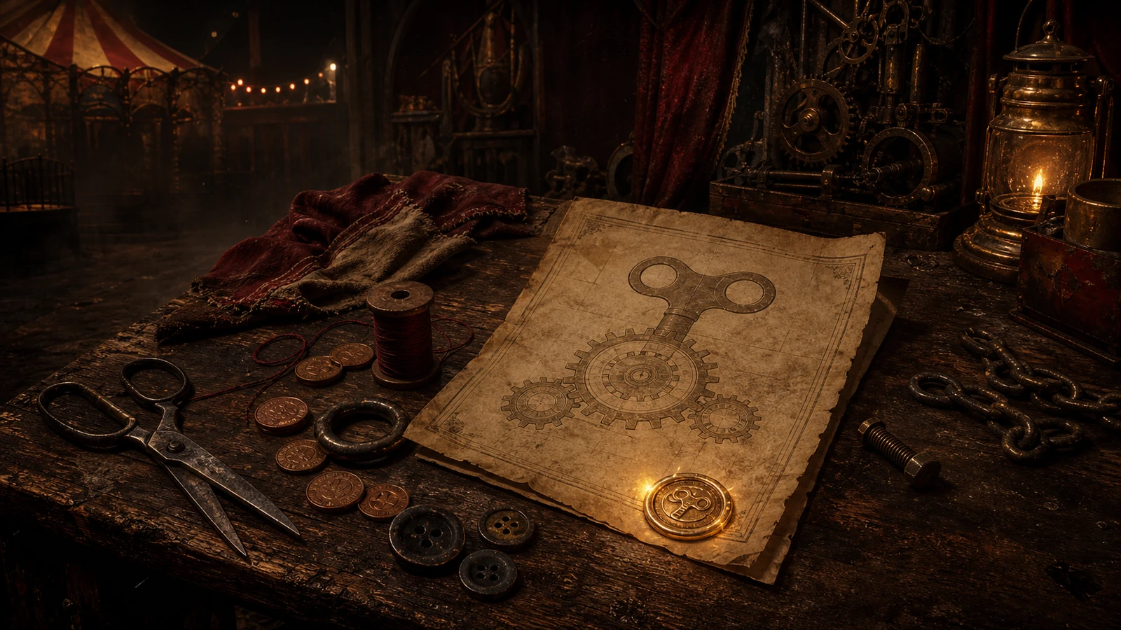 A weathered carnival crafting table with a gear blueprint, scissors, coins, rings, buttons, thread, and chain